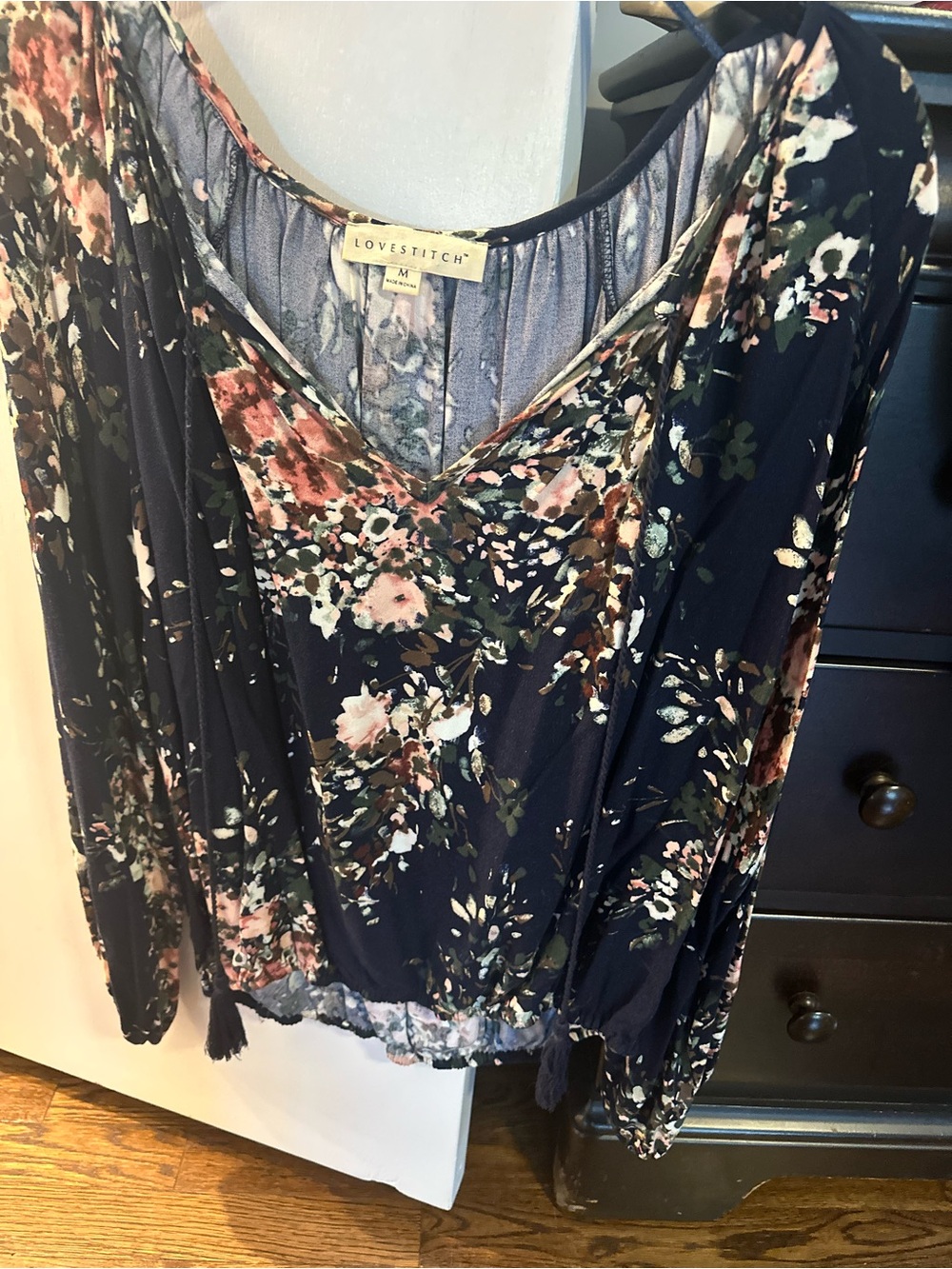 Lovestitch Navy Floral V-Neck Peasant Top